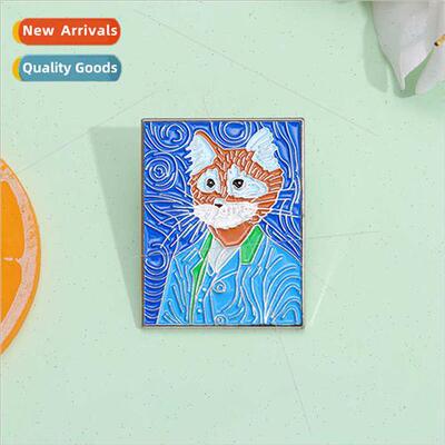 Vintage lerary new Van Gogh cat brooch art painting funny al