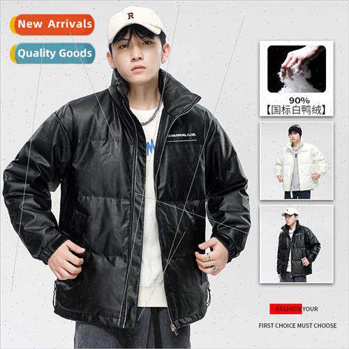 Down jacket men short 90 whe duck down PU leather winter new
