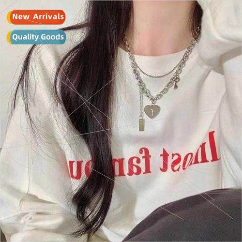Europe ins set hip hop double layer love heart key necklace