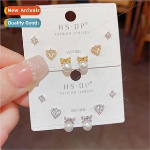 sweet fashion love s925 pearl needle bow combination silver