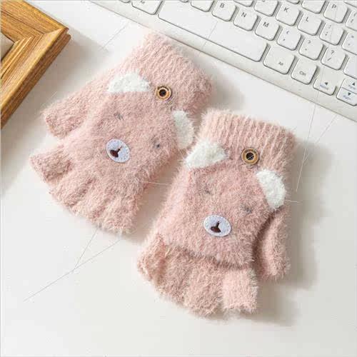 Autumn winter plush gloves half finger flip knted woolen glo
