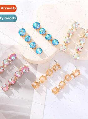 round colored diamonds silver needle earrings long multilaye