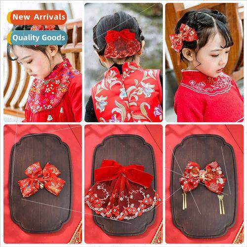 Children Chinese hair clips ltle girl New Year tassel red bo