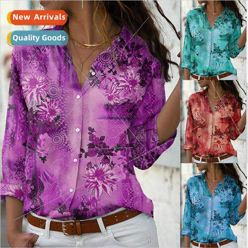 2023 New Women Floral Printed Shirt Ladies Long Sleeve V-Nec
