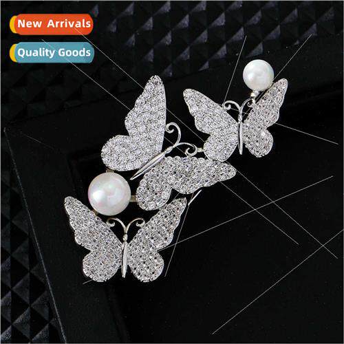 Zircon pearl butterfly brooch high-grade corsage clothing je