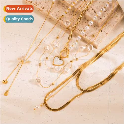 Ins cold wind love pearl necklace female tanium steel butter