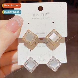 rhombus zirconia earrings Korea silver shell s925 pin simple