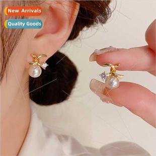 zirconia pearl earrings Fashion silver metal s925 pin sweet