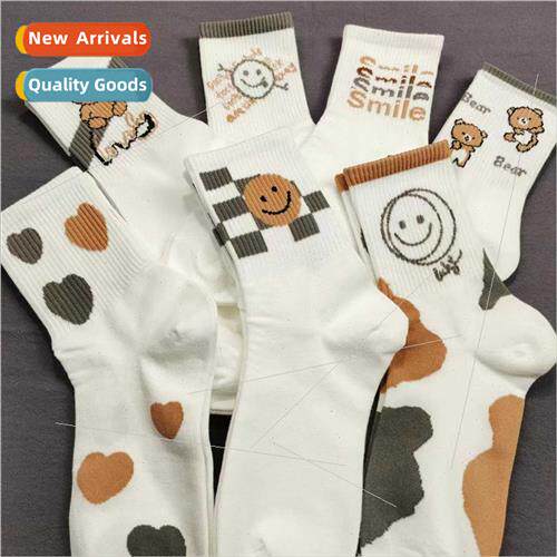 Whe smiley bear cartoon mid-calf socks female ins tide versa