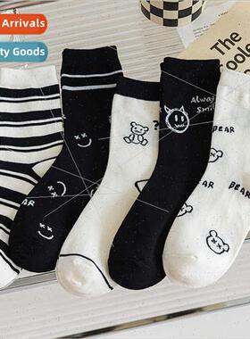 Black whe striped socks women mid-calf socks spring summer i