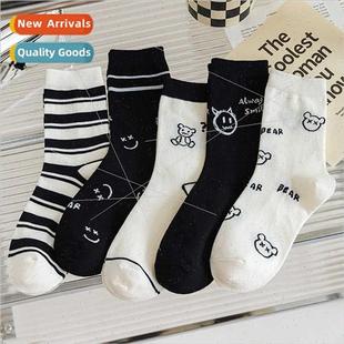 Black whe striped socks women mid-calf socks spring summer i