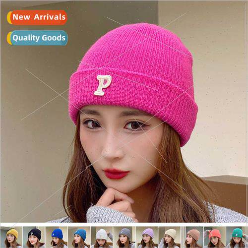 p letter hat female fall winter versatile ins knted cap wrap