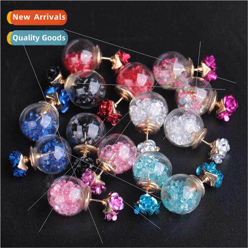 Korea rose glass ball rhinestone earrings fashion double-sid