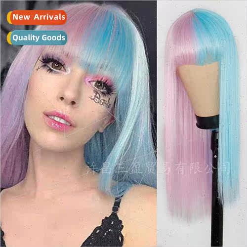 Europe Wigs Women Bangs Purple Blue Double Color Long Wigs