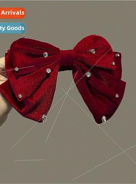 New retro drilling velvet bow spring clip sweet temperament