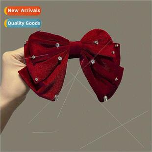 New retro drilling velvet bow spring clip sweet temperament