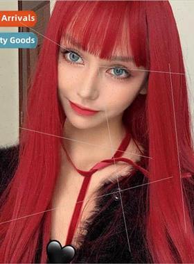 Red wig female group air bangs long whening fluffy full head