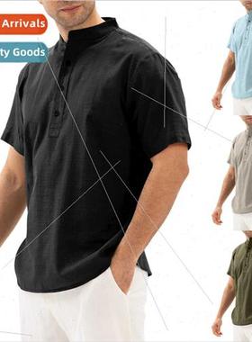 2022 spring summer new men solid color stand-up collar butto