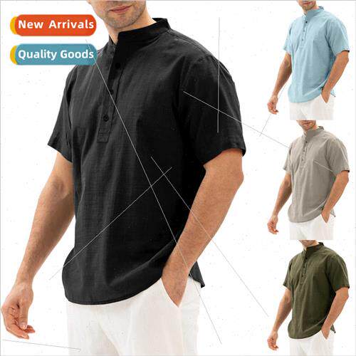2022 spring summer new men solid color stand-up collar butto