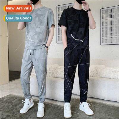 2023 summer new ice silk printing short-sleeved nine trouser
