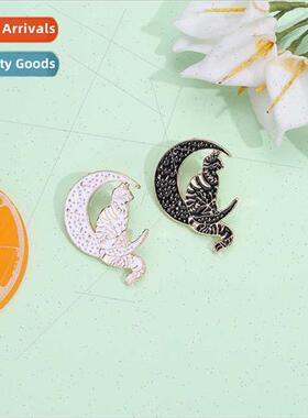 New Alloy Animal Brooch Cute Black Whe Moon Cat Baked Lacque