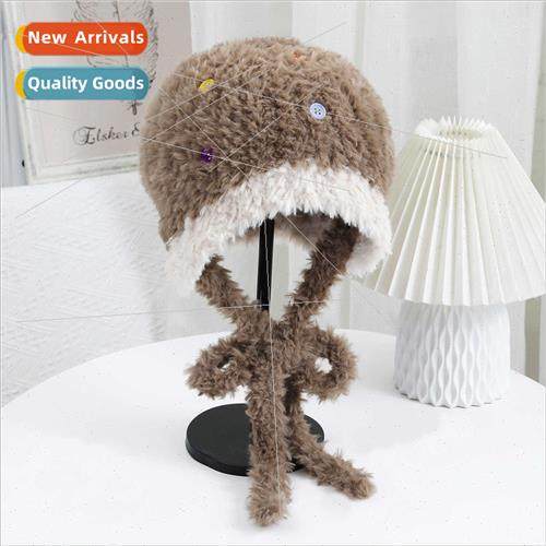 new multi-color button plush wool cap ear protection warm fa