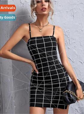 Retro Plaid Sexy Spaghetti Strap Bodycon Mini Dresses Women