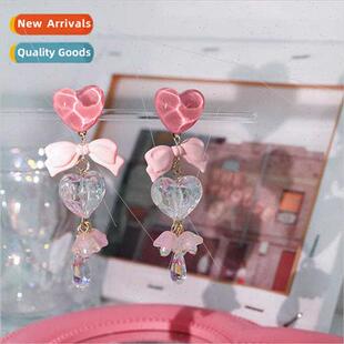 Long orchid beaded earrin bell tassel bow heart pink crystal