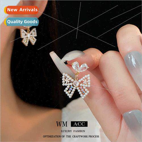 lver needle zirconia bow pearl earrings Korea hundred wh ear