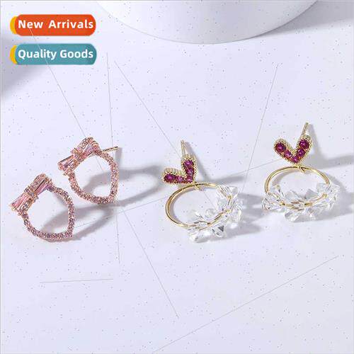 s925 silver zirconium hollowed out pink earrings women geome