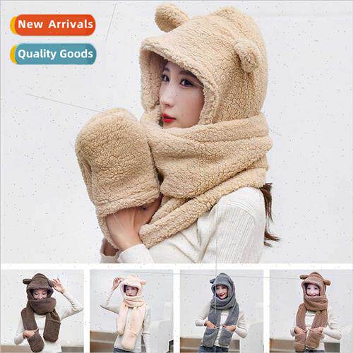 Winter bear ear protection hat scarf gloves all-in-one femal