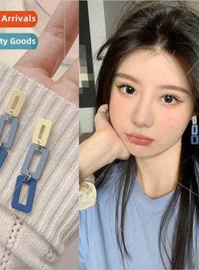 Summer ins color clashing blue long chain 925 silver pin ear