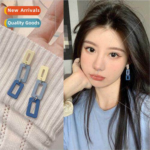 Summer ins color clashing blue long chain 925 silver pin ear