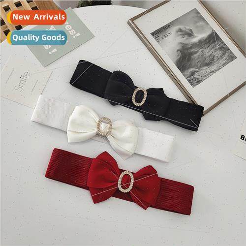 Bow tie buckle belt female retro elastic elastic thin belt v
