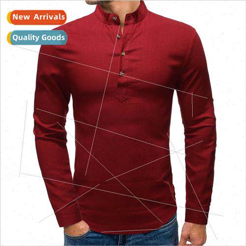 2023 summer new men elastic bamboo cotton linen pullover shi