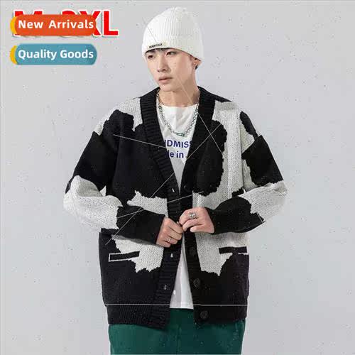 Fashion cardigan V-neck sweater men autumn winter colorblock
