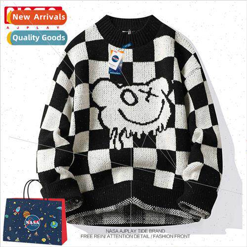checkerboard sweater men fall winter tide warm kn sweater lo