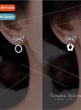 Asymmetrical bow flower earrings female niche diamond stud e