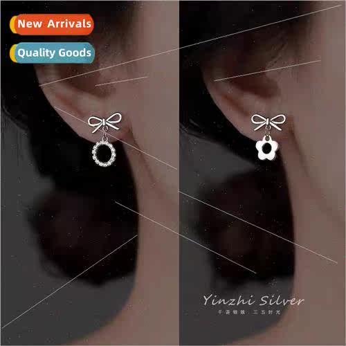 Asymmetrical bow flower earrings female niche diamond stud e