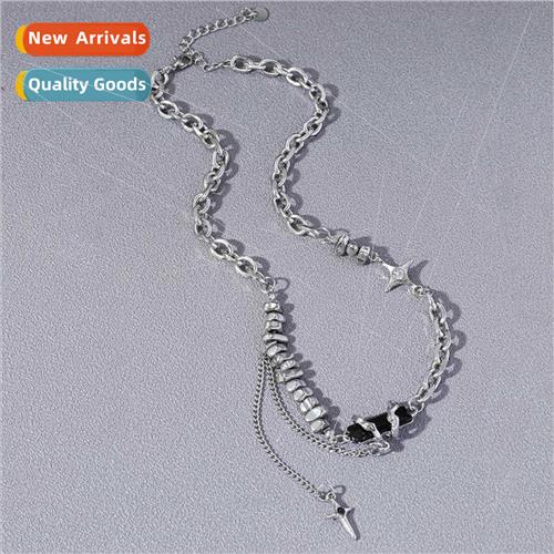 Europe black square patchwork starburst cross necklace ins h