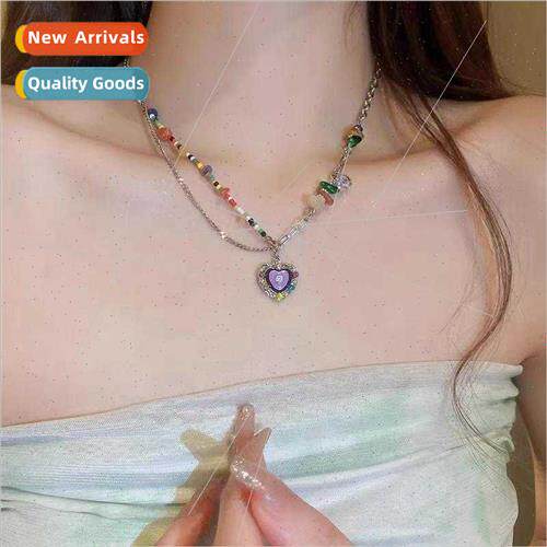 Dopamine Colorful Beaded Heart Necklace Female che Sweet Loc