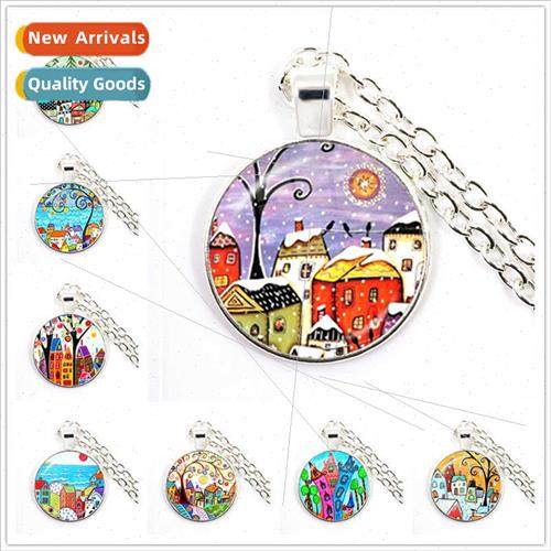 Colourful Painting Town Cy Archecture Time Gemstone Pendant