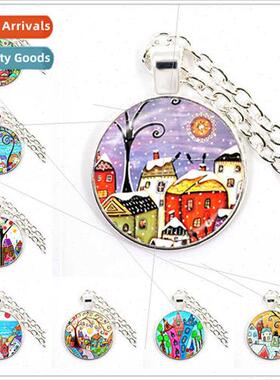 Colourful Painting Town Cy Archecture Time Gemstone Pendant