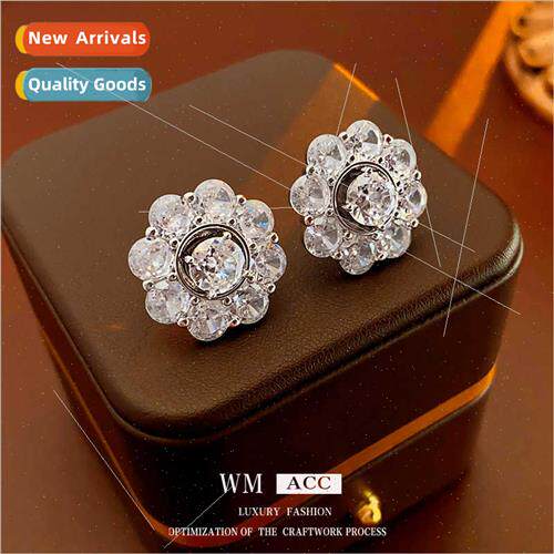 lver needle zirconia rotating flower earrings simple fashion