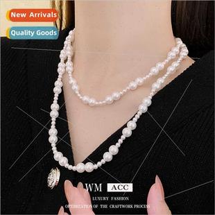 Koreafashion OT buckle pearl long necklace simple retro swea