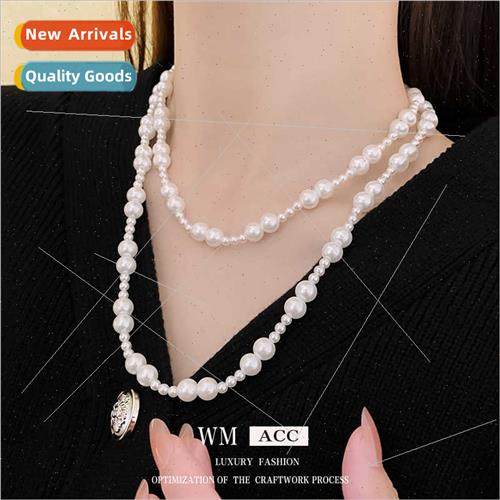 Koreafashion OT buckle pearl long necklace simple retro swea