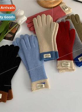 Korea color blocking cloth label wide edge knted five finger