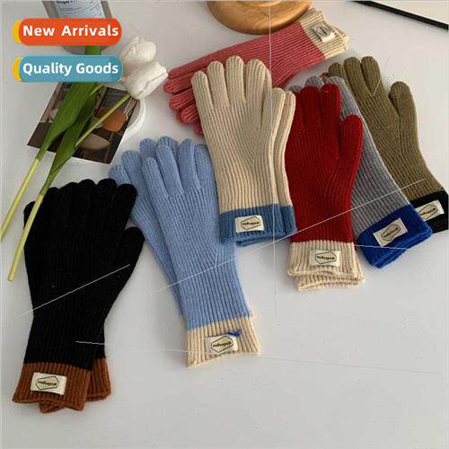 Korea color blocking cloth label wide edge knted five finger