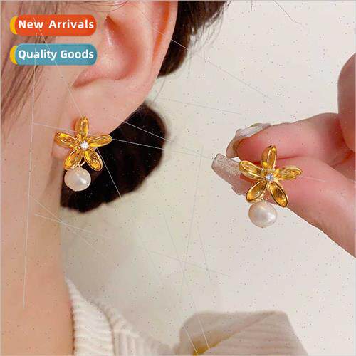 s925 silver needle simple fashion metal flowers hanging pear