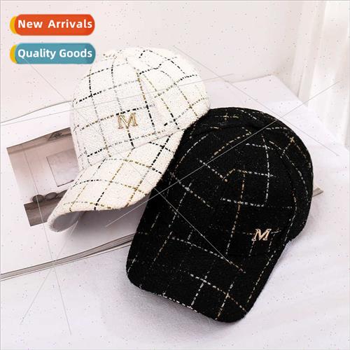 New gingham plaid cotton yarn baseball cap fur ball M letter